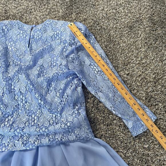 Vintage Cocktail Dress Size 14 Light Blue Lace Bow Puff Sleeve Formal Party Midi - Picture 12 of 16